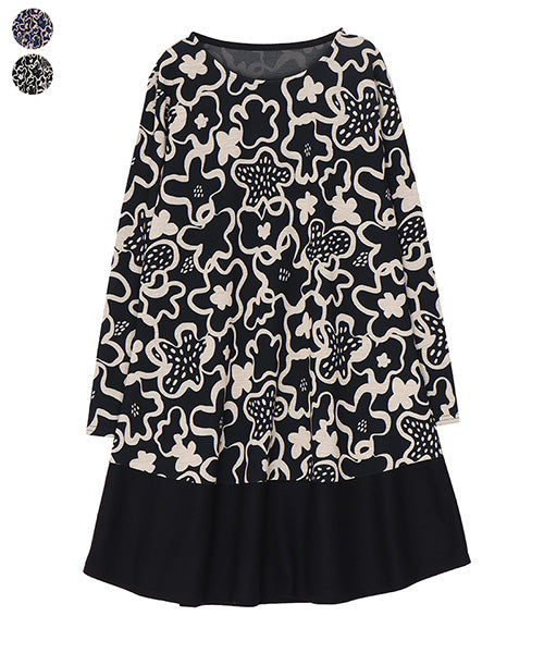 グラフィック花プリント裾切替長袖チュニック 26-0149