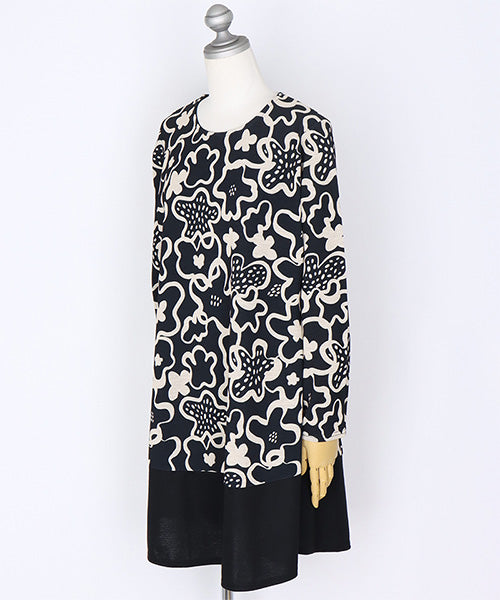 グラフィック花プリント裾切替長袖チュニック 26-0149