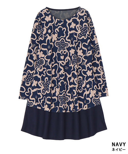 グラフィック花プリント裾切替長袖チュニック 26-0149