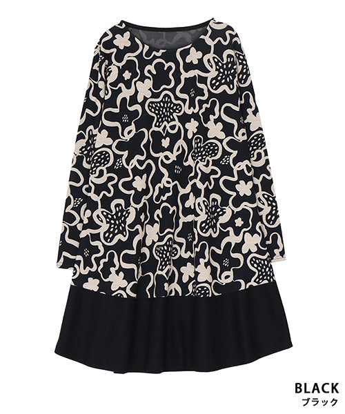 グラフィック花プリント裾切替長袖チュニック 26-0149