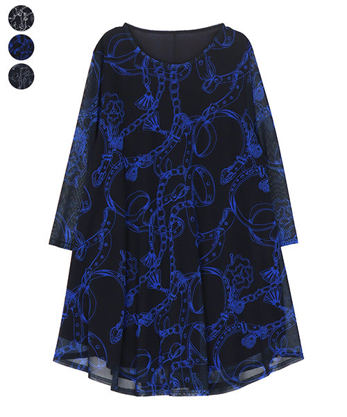 シアーパワーネット素材チェーン柄長袖Aラインチュニック 26-0152｜40