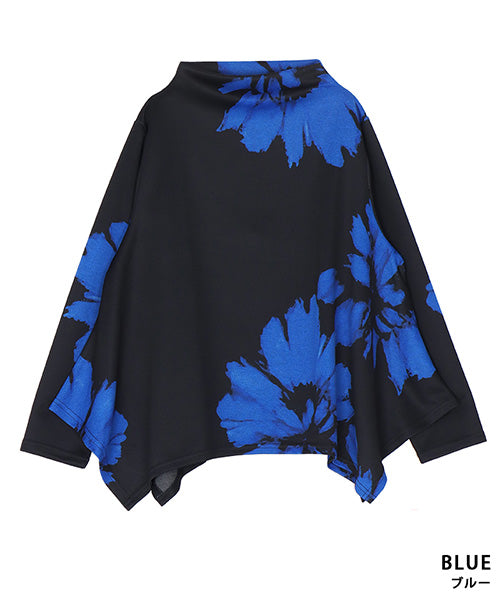 花柄アートプリントイレギュラーヘム長袖カットソー 26-0160｜40代 50