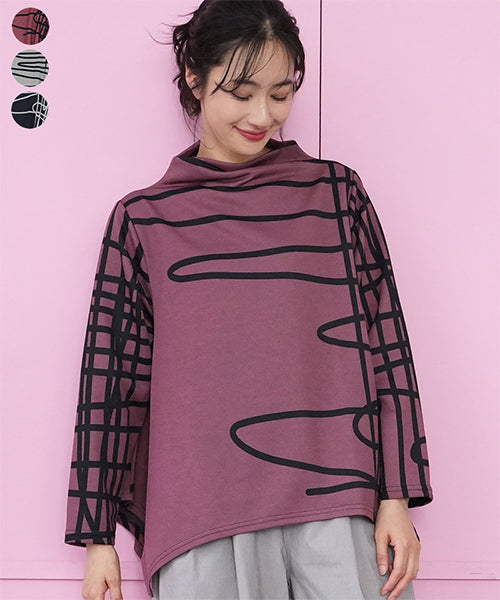 アートラインプリント変形長袖カットソー 26-0162