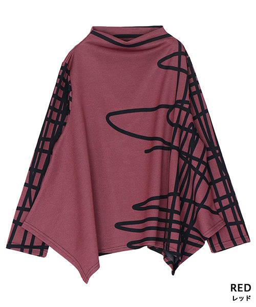 アートラインプリント変形長袖カットソー 26-0162