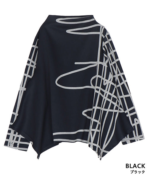 アートラインプリント変形長袖カットソー 26-0162