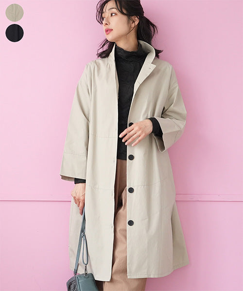 綿100％スタンドカラー長袖ロングシャツワンピース 26-0166