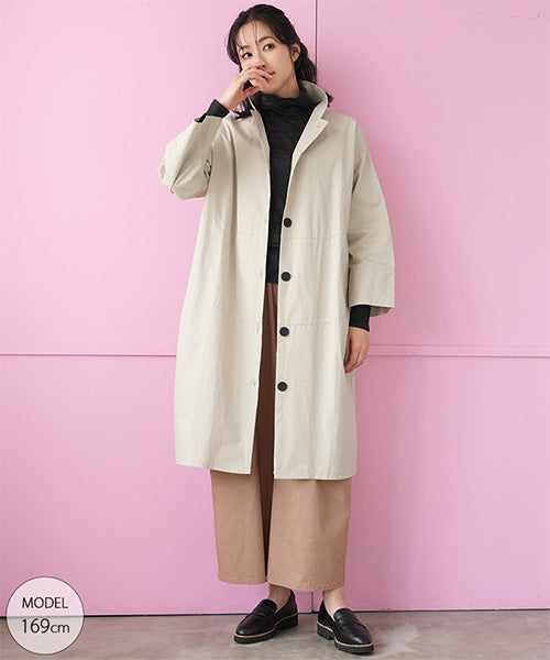 綿100％スタンドカラー長袖ロングシャツワンピース 26-0166