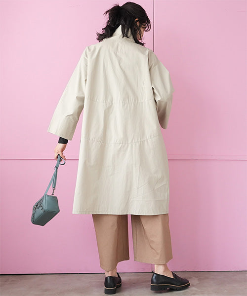 綿100％スタンドカラー長袖ロングシャツワンピース 26-0166