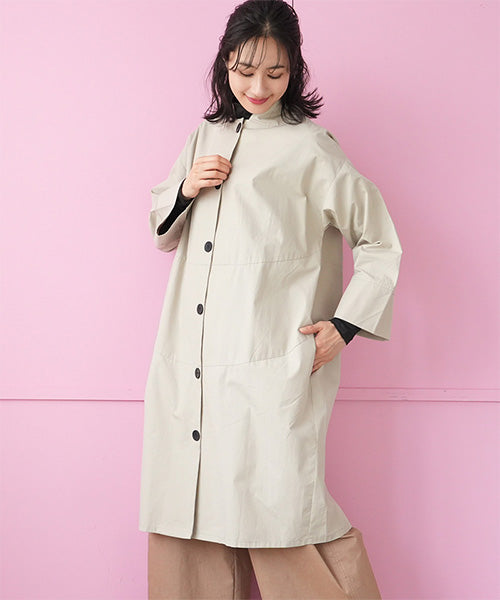 綿100％スタンドカラー長袖ロングシャツワンピース 26-0166