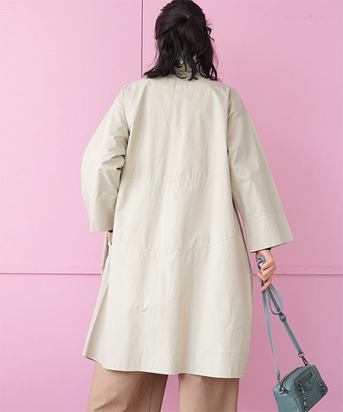 綿100％スタンドカラー長袖ロングシャツワンピース 26-0166