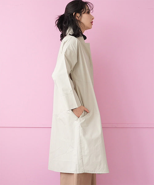 綿100％スタンドカラー長袖ロングシャツワンピース 26-0166