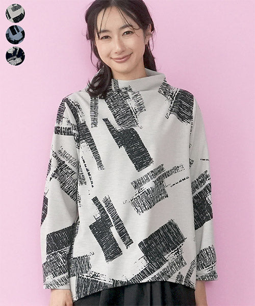 幾何学プリント裾変形Aライン長袖ロングTシャツカットソー 26-0197