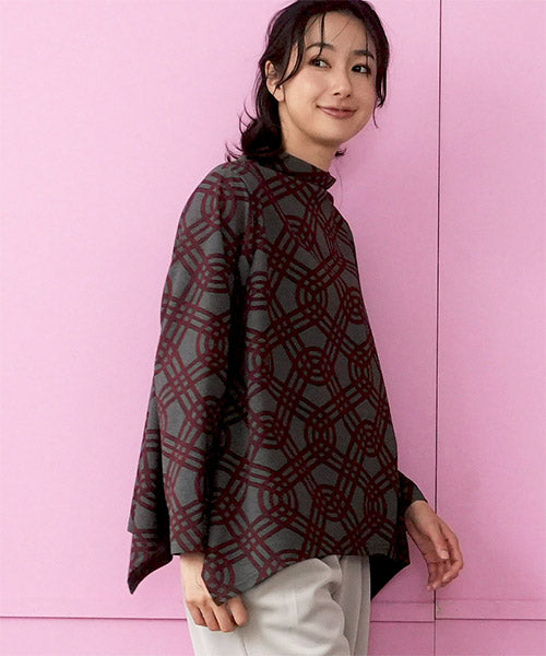 チェーン柄裾変形Aライン長袖ロングTシャツカットソー 26-0198