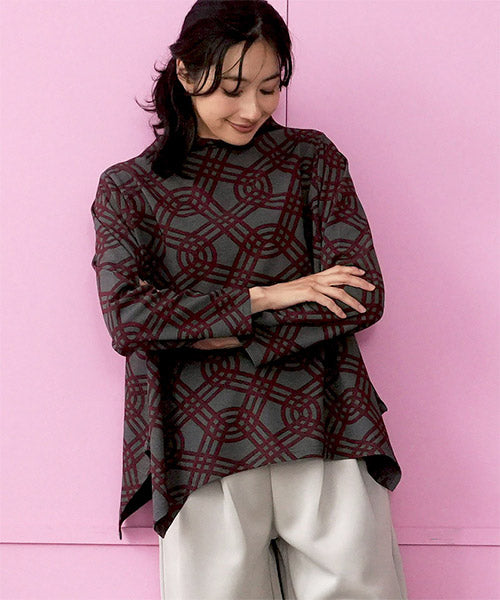 チェーン柄裾変形Aライン長袖ロングTシャツカットソー 26-0198