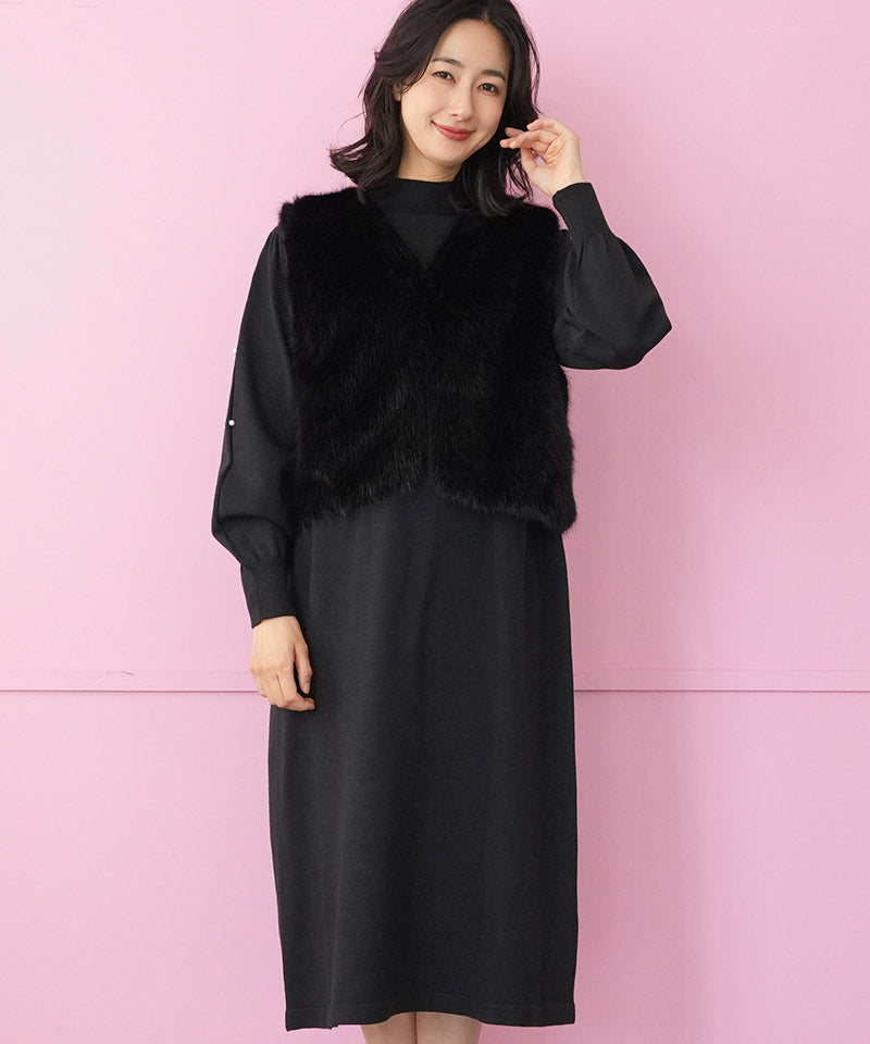 アンサンブル】ファーベスト&袖パールニットワンピース 33-0420｜40代