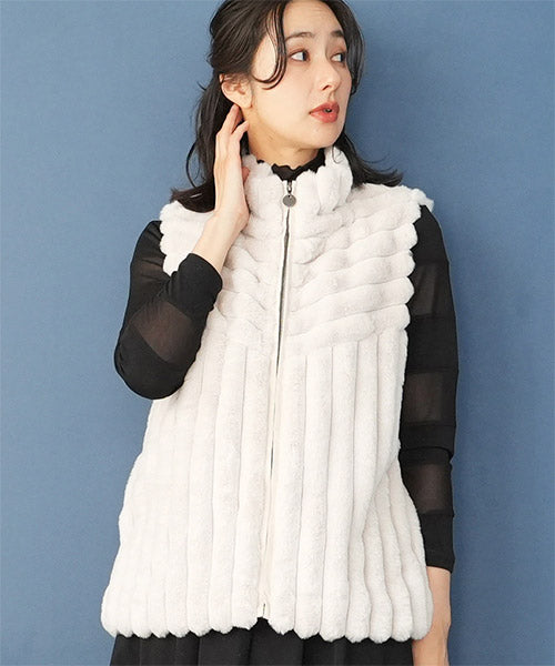 リアルミンクフ-ド付きベスト 美品 エコファー×ジップアップベスト 33-0439｜40代 50代 60代 大人の女性に