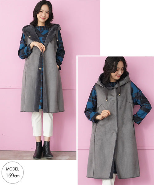 フード付エコファームートン調リバーシブルロングベスト 33-0441｜40代