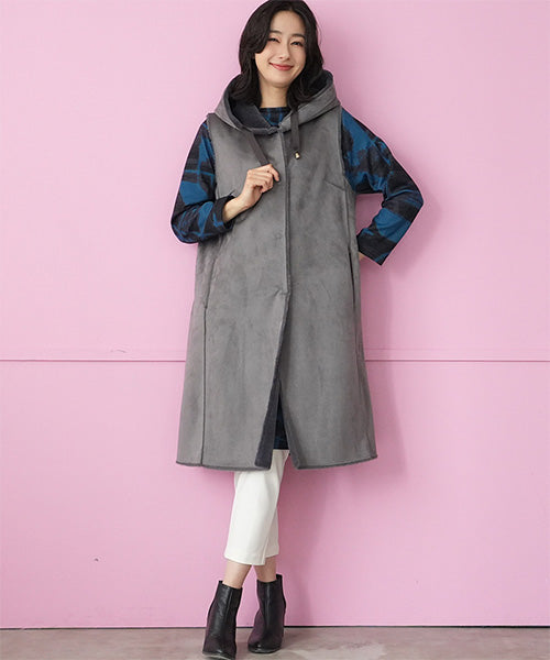 フード付エコファームートン調リバーシブルロングベスト 33-0441｜40代