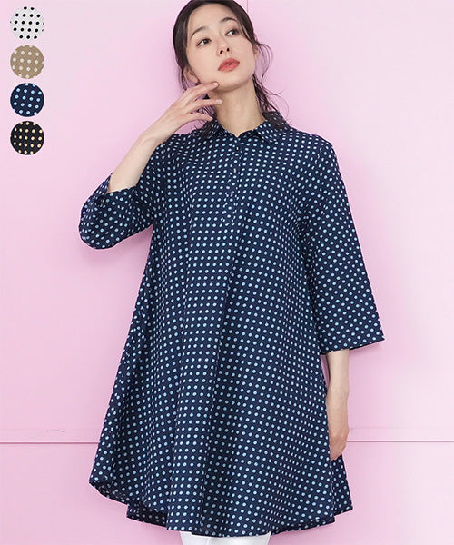 【再入荷】綿100％ドット柄7分袖Aラインチュニック 33-0482