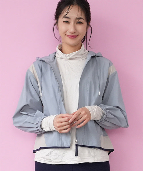 配色バイカラーデザイン切替フード付きジップジャケット 33-0487｜40代