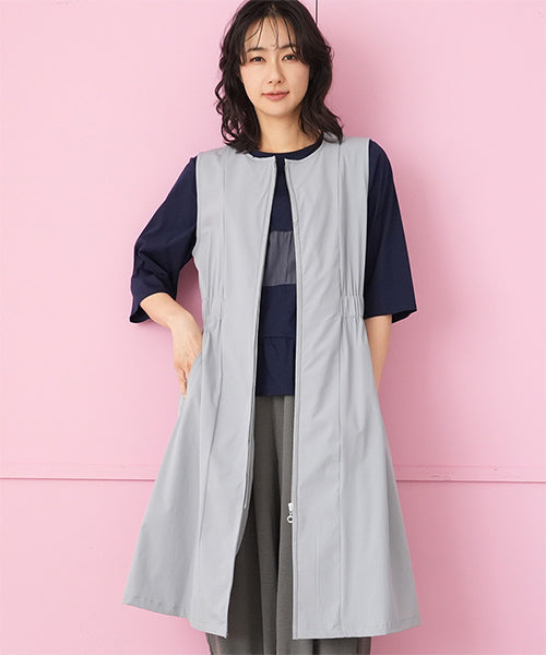 ナイロンストレッチノーカラージップアップロングチュニックベスト 33-0488