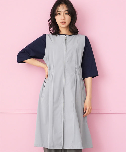 ナイロンストレッチノーカラージップアップロングチュニックベスト 33-0488