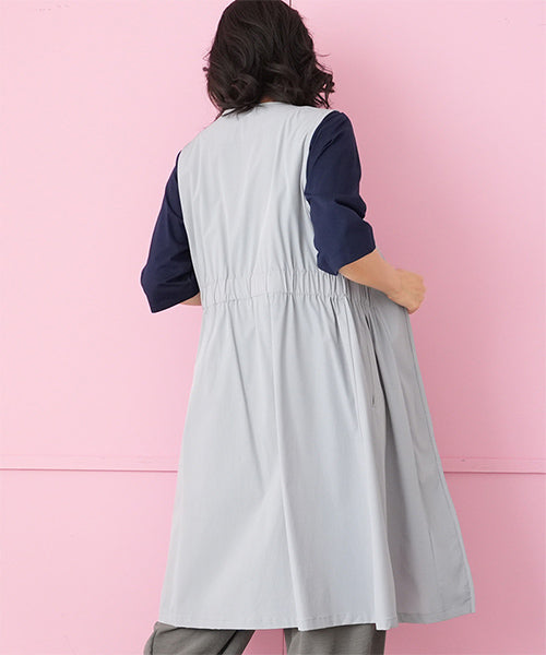 ナイロンストレッチノーカラージップアップロングチュニックベスト 33-0488