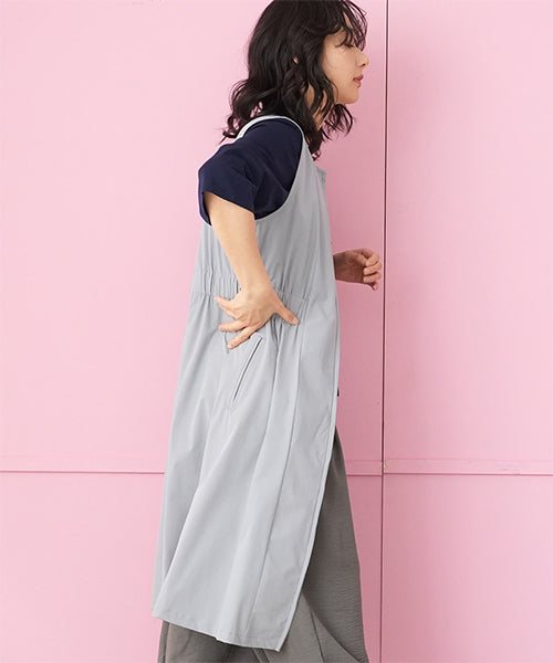 ナイロンストレッチノーカラージップアップロングチュニックベスト 33-0488