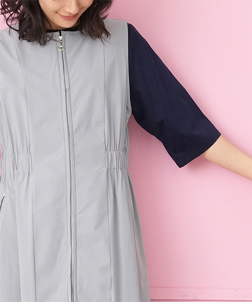 ナイロンストレッチノーカラージップアップロングチュニックベスト 33-0488