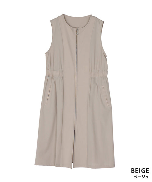 ナイロンストレッチノーカラージップアップロングチュニックベスト 33-0488