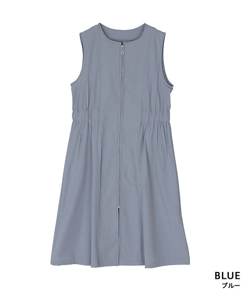 ナイロンストレッチノーカラージップアップロングチュニックベスト 33-0488