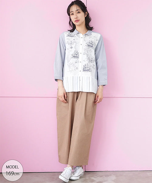 マッププリント切替ストライプシャツブラウス 33-0495