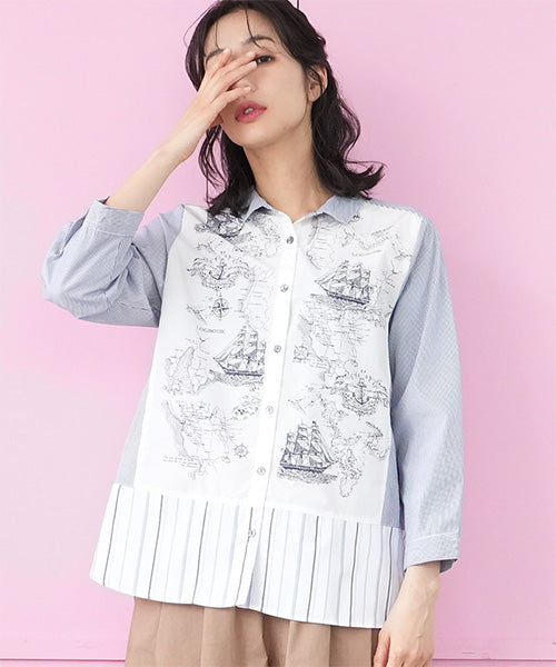 マッププリント切替ストライプシャツブラウス 33-0495