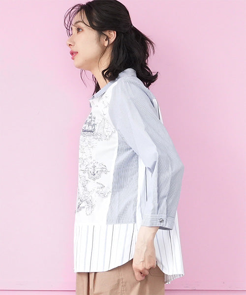 マッププリント切替ストライプシャツブラウス 33-0495