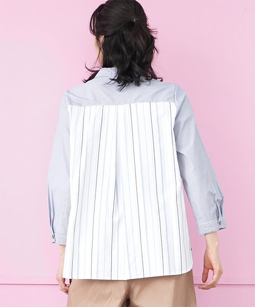 マッププリント切替ストライプシャツブラウス 33-0495