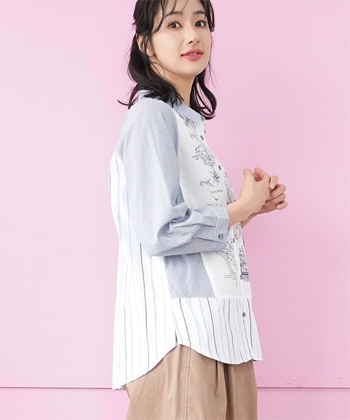 マッププリント切替ストライプシャツブラウス 33-0495