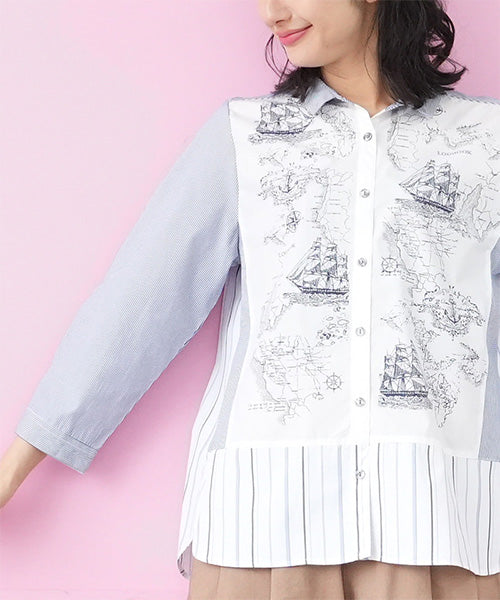 マッププリント切替ストライプシャツブラウス 33-0495