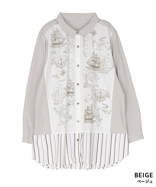 マッププリント切替ストライプシャツブラウス 33-0495