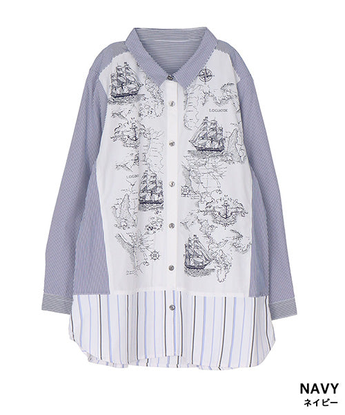 マッププリント切替ストライプシャツブラウス 33-0495