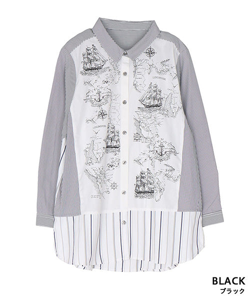 マッププリント切替ストライプシャツブラウス 33-0495