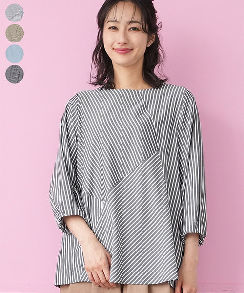 ストライプ切替7分袖ブラウスプルオーバー 33-0496