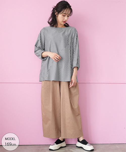 ストライプ切替7分袖ブラウスプルオーバー 33-0496