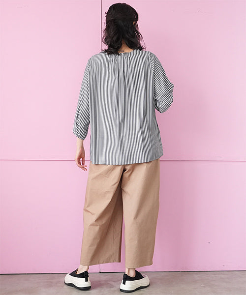 ストライプ切替7分袖ブラウスプルオーバー 33-0496