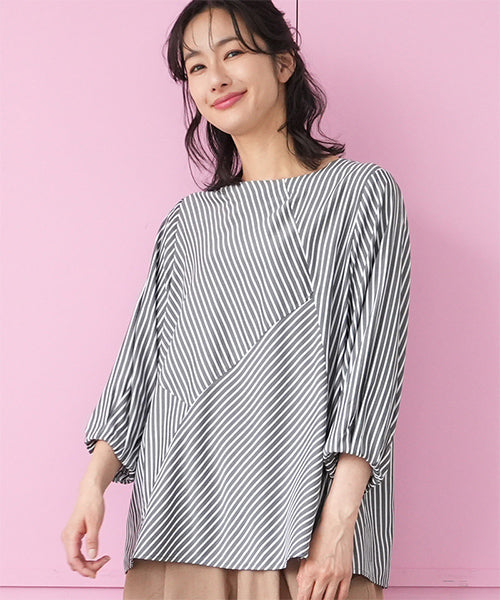 ストライプ切替7分袖ブラウスプルオーバー 33-0496
