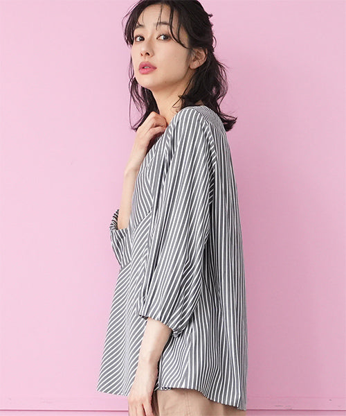 ストライプ切替7分袖ブラウスプルオーバー 33-0496