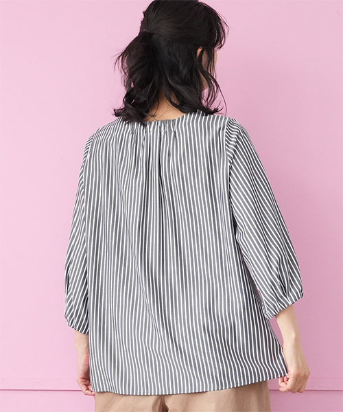 ストライプ切替7分袖ブラウスプルオーバー 33-0496