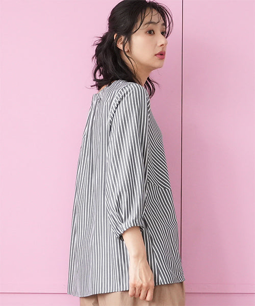 ストライプ切替7分袖ブラウスプルオーバー 33-0496