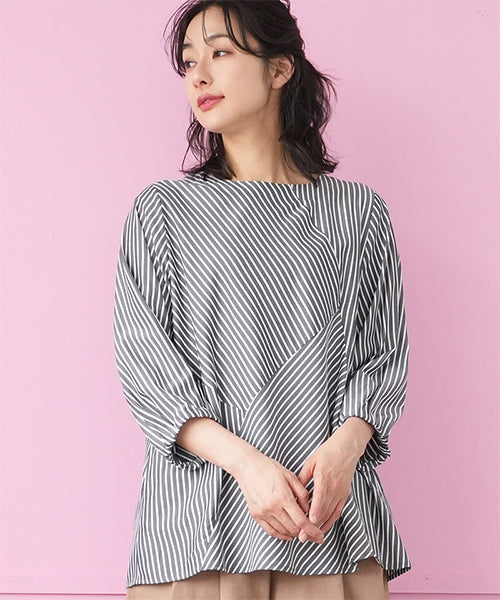 ストライプ切替7分袖ブラウスプルオーバー 33-0496