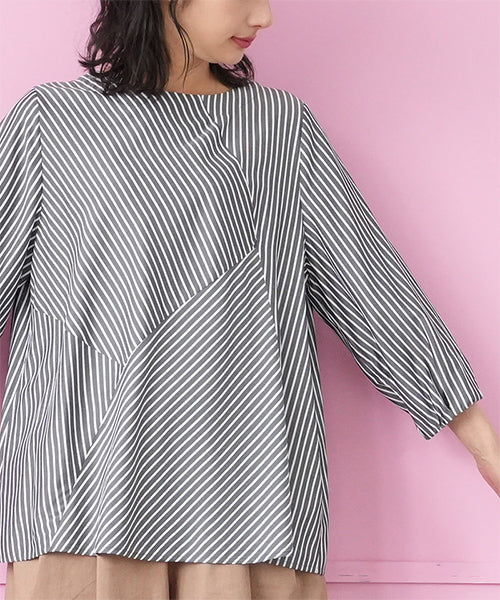 ストライプ切替7分袖ブラウスプルオーバー 33-0496