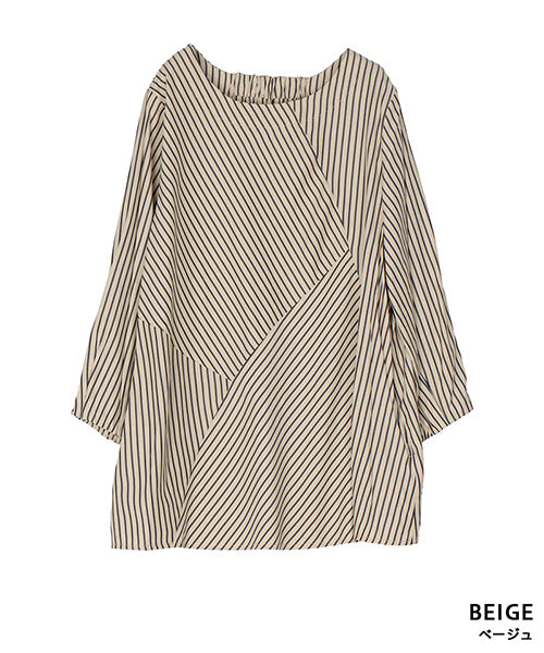 ストライプ切替7分袖ブラウスプルオーバー 33-0496